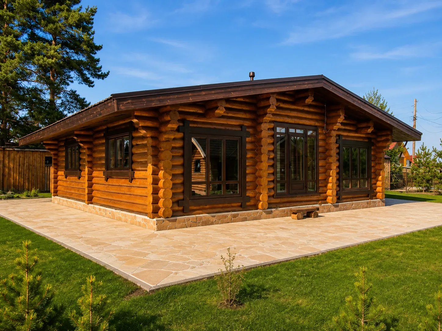 Баня из рубленого бревна 40 м² с панорамными окнами